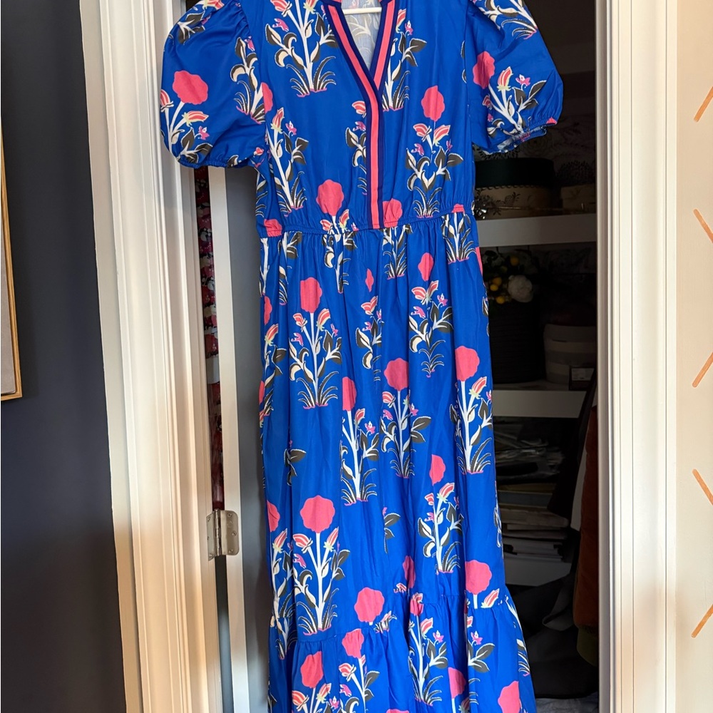 Vibrant Blue and Pink Floral Long Sleeve Dress